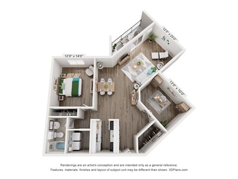 Floor plan for 1 bed, 1 bath, 1074 sqft